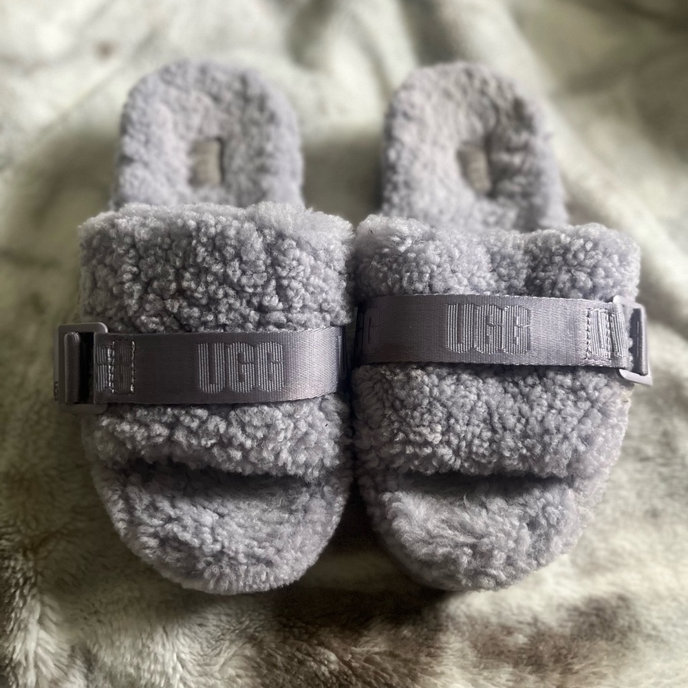 Purple Grey UGG Soft Gray Fleece Platform Slipper Slides